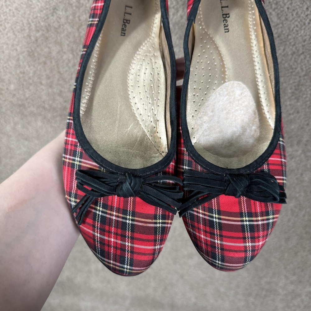 L.L. Bean Ballet Flats Shoes Womens Size 9 Red Plaid Bow Slip On Comfort - Picture 4 of 9